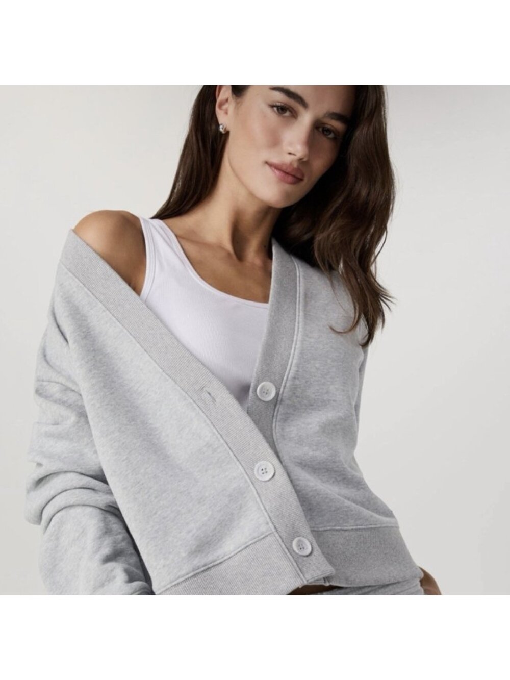 Vuori Gray Sedona Cardigan Sweater Long Sleeve Three Button Down Women’s Large